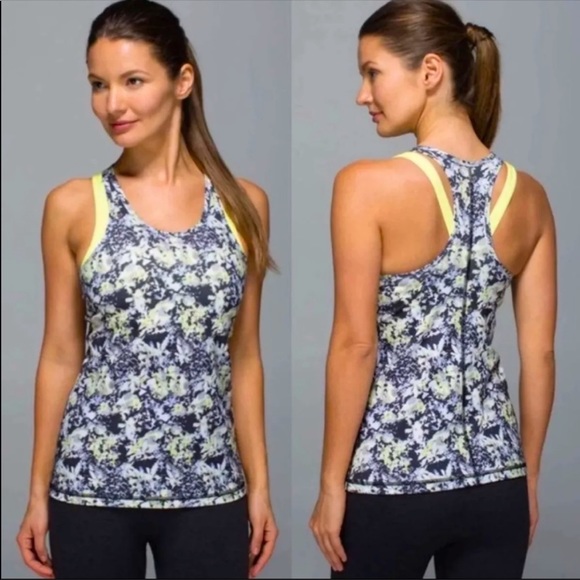 lululemon athletica Tops - NEW Lululemon Inspiration Tank Size 4 Gray Black Yellow Floral Built in Bra